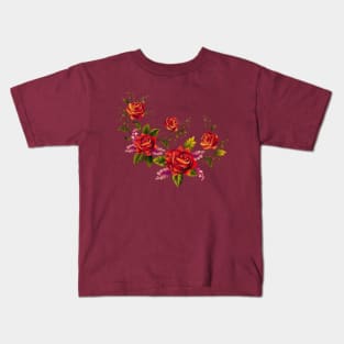 Red roses embroidery bouquet Kids T-Shirt